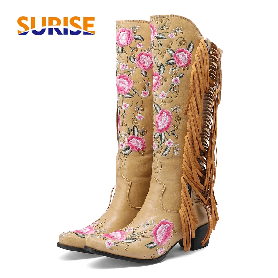 Ethnic Fashion Women - Moda bordado flor ocidental joelho botas